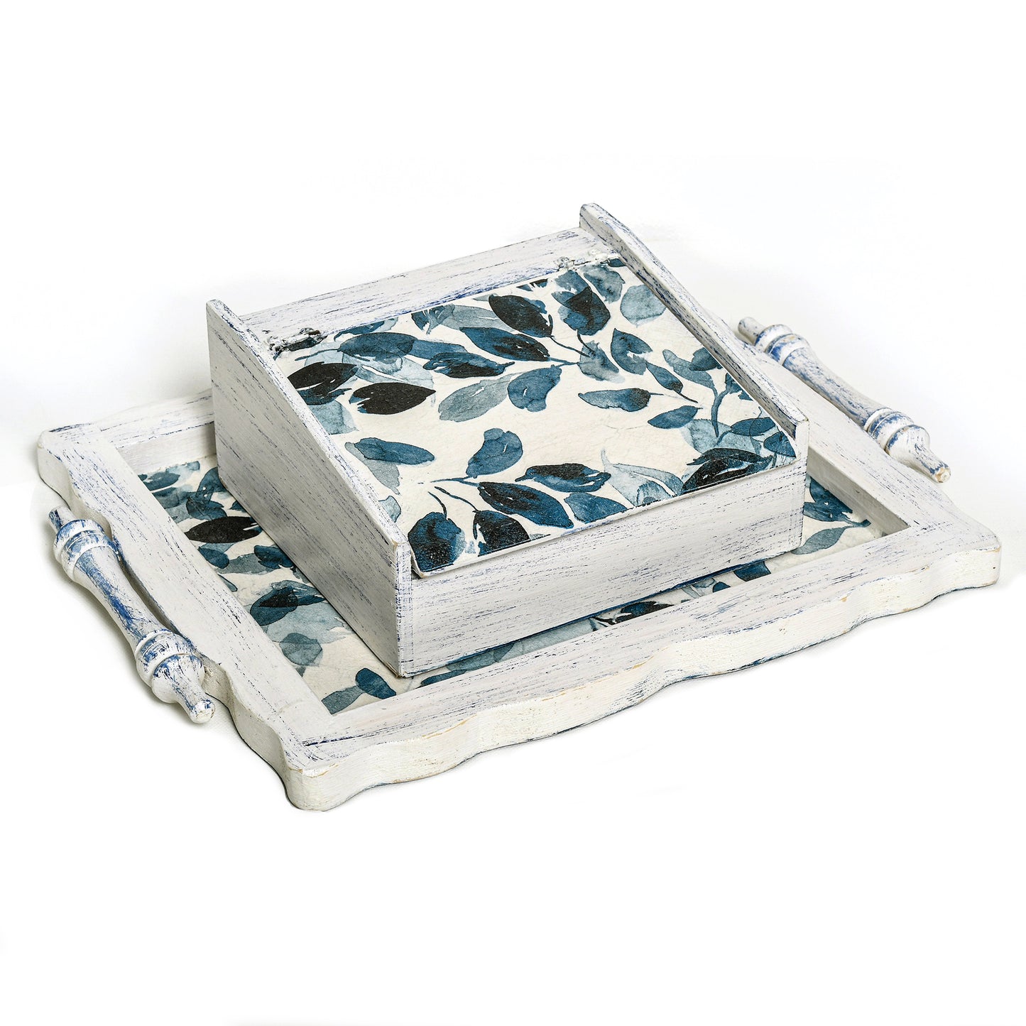 Tray & tea box - blue leaves