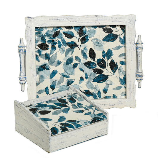 Tray & tea box - blue leaves