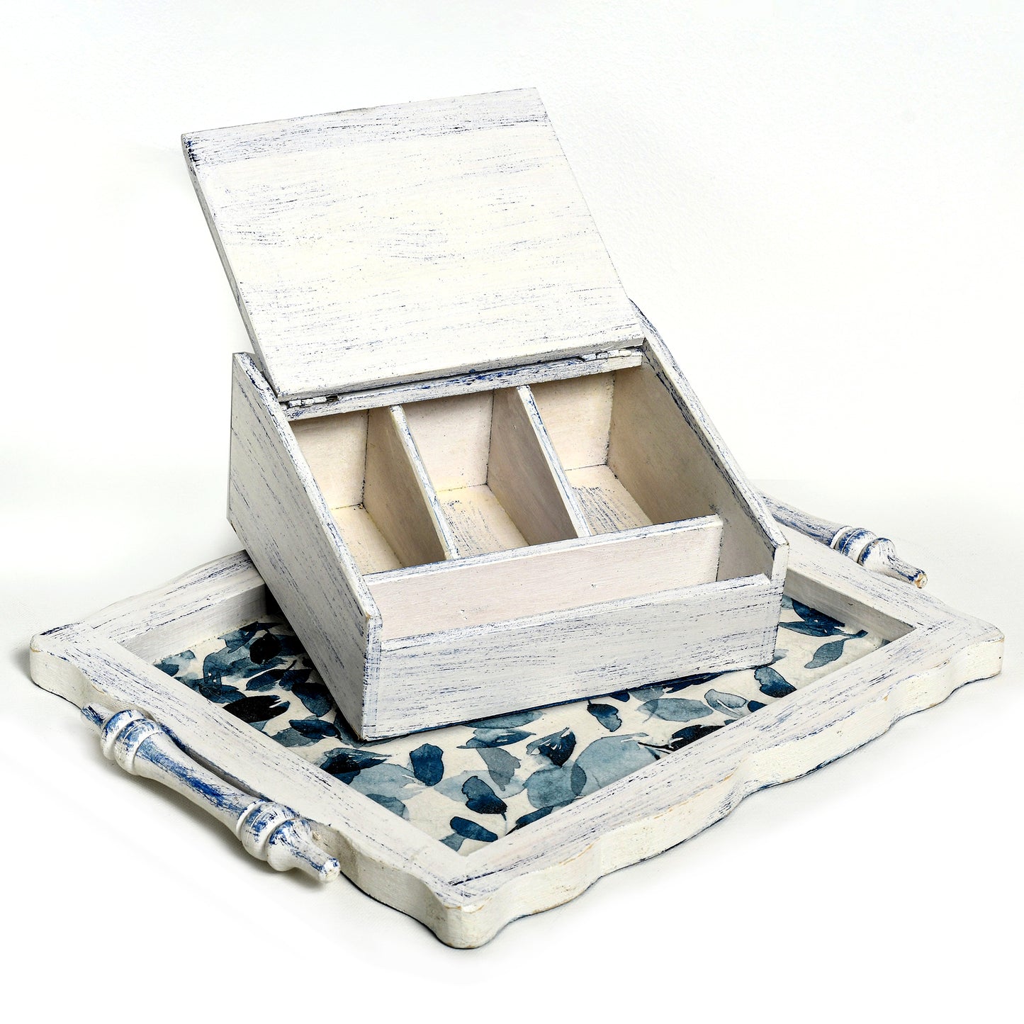 Tray & tea box - blue leaves